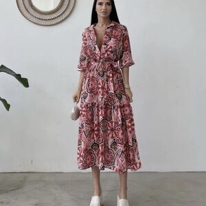 Zara Pink Patterned Long Sleeve Tiered Midi Dress
